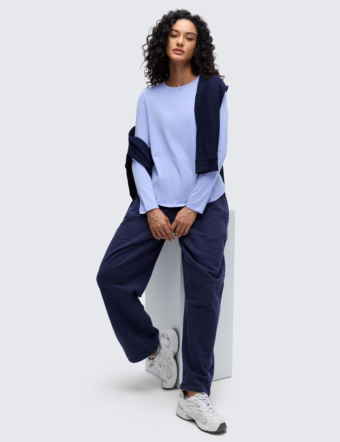 imageCRZ YOGA Pima Cotton Crewneck Long Sleeve Shirts for Women Workout Athletic Yoga Casual Tops Soft Plain TShirtPeriwinkle Purple