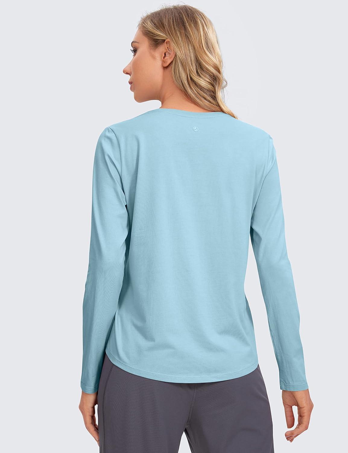 imageCRZ YOGA Pima Cotton Crewneck Long Sleeve Shirts for Women Workout Athletic Yoga Casual Tops Soft Plain TShirtPure Blue