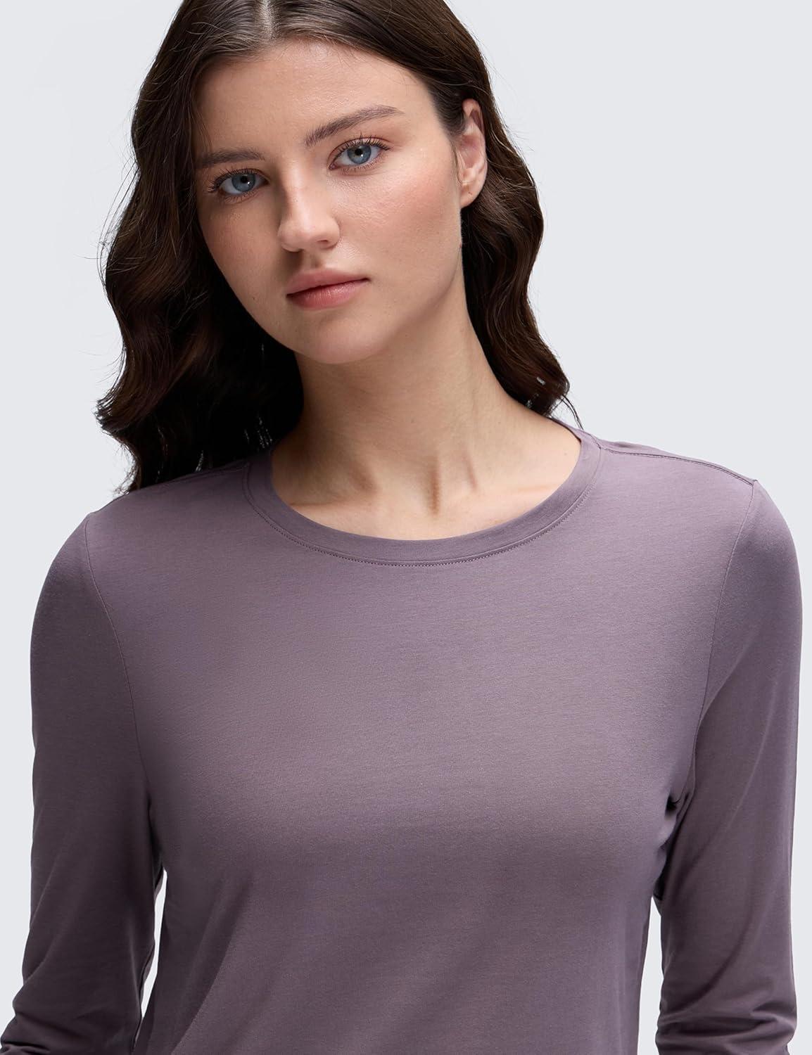 imageCRZ YOGA Pima Cotton Crewneck Long Sleeve Shirts for Women Workout Athletic Yoga Casual Tops Soft Plain TShirtPurple Gray