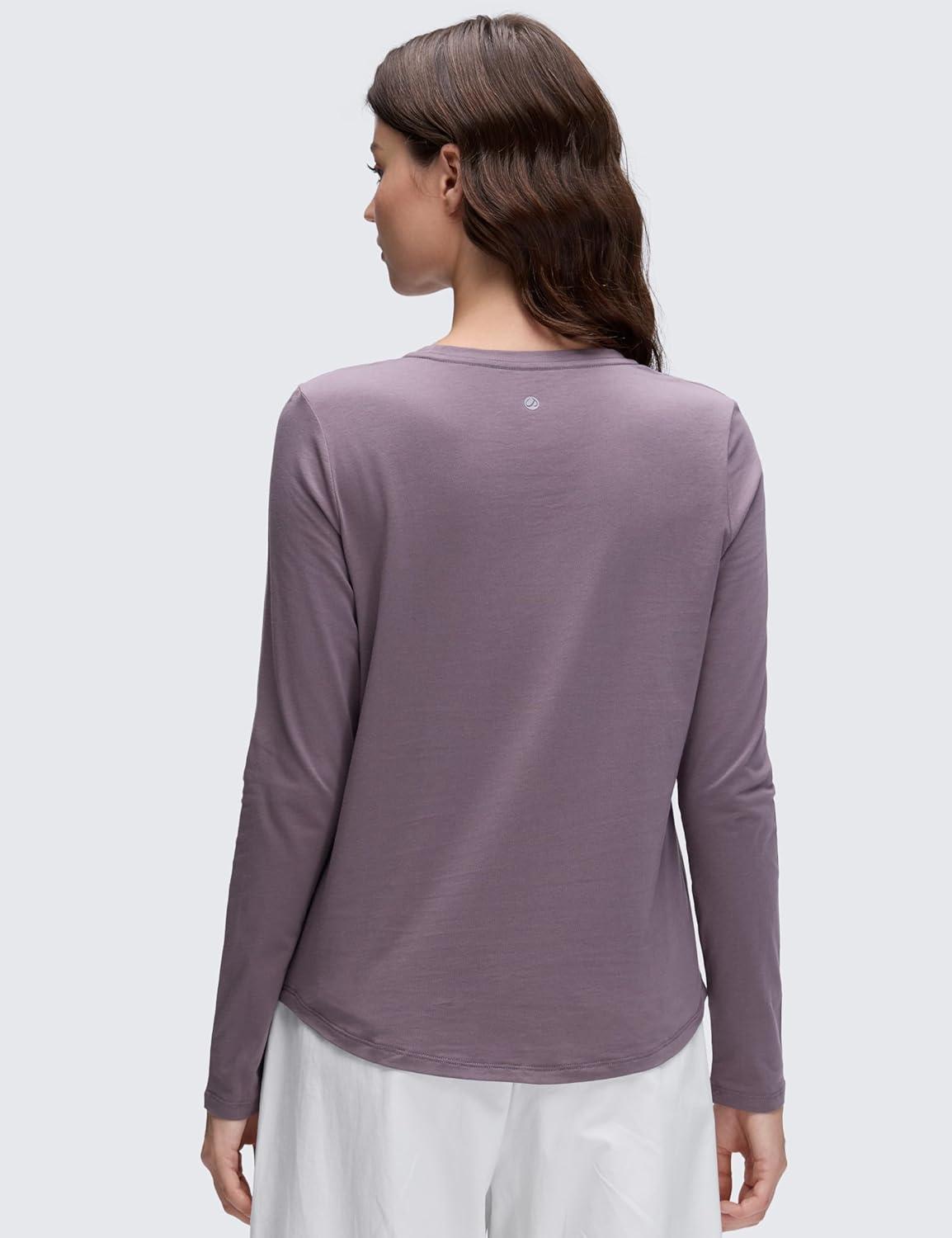 imageCRZ YOGA Pima Cotton Crewneck Long Sleeve Shirts for Women Workout Athletic Yoga Casual Tops Soft Plain TShirtPurple Gray