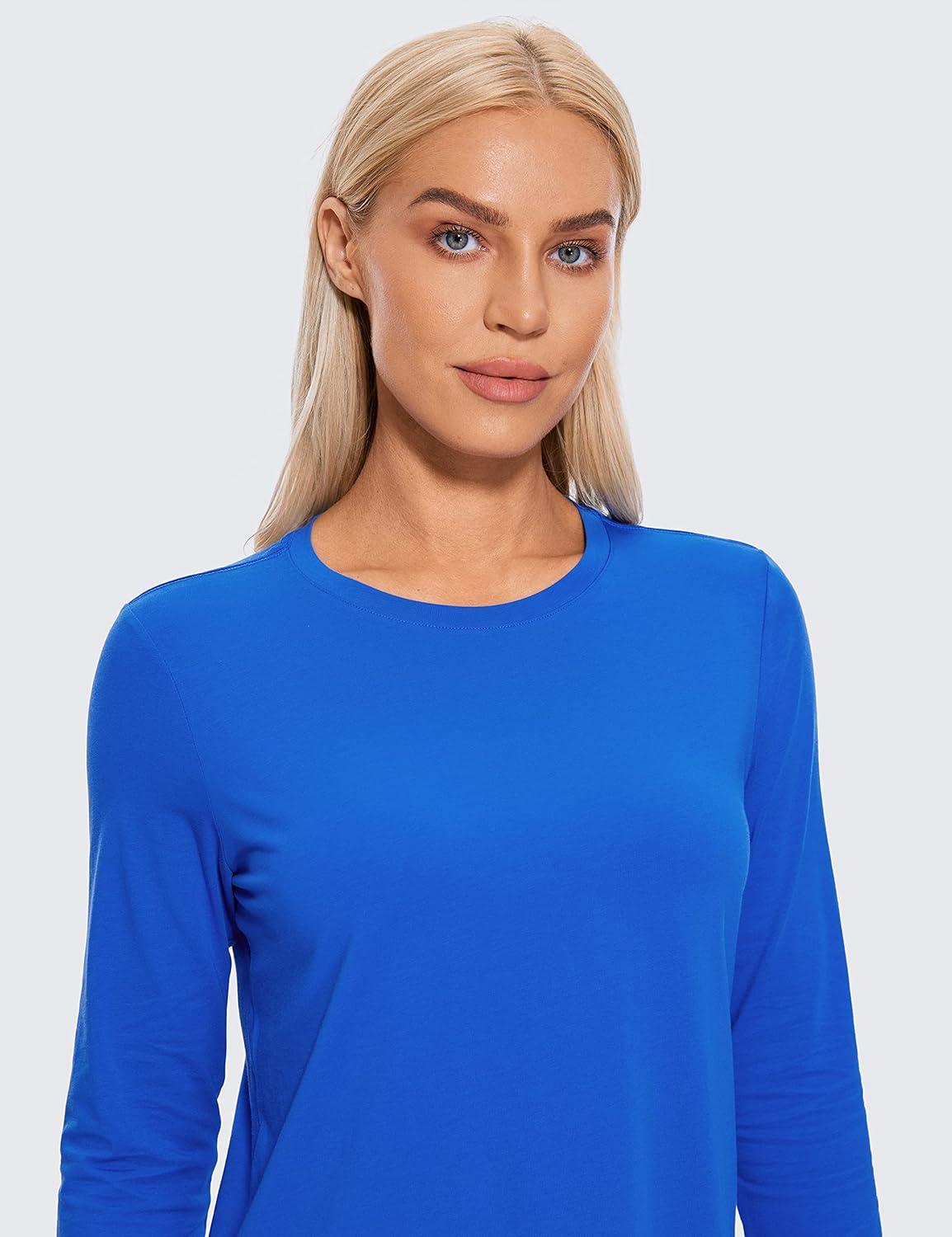 imageCRZ YOGA Pima Cotton Crewneck Long Sleeve Shirts for Women Workout Athletic Yoga Casual Tops Soft Plain TShirtStrong Blue