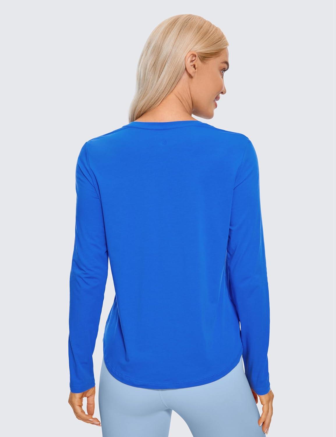 imageCRZ YOGA Pima Cotton Crewneck Long Sleeve Shirts for Women Workout Athletic Yoga Casual Tops Soft Plain TShirtStrong Blue