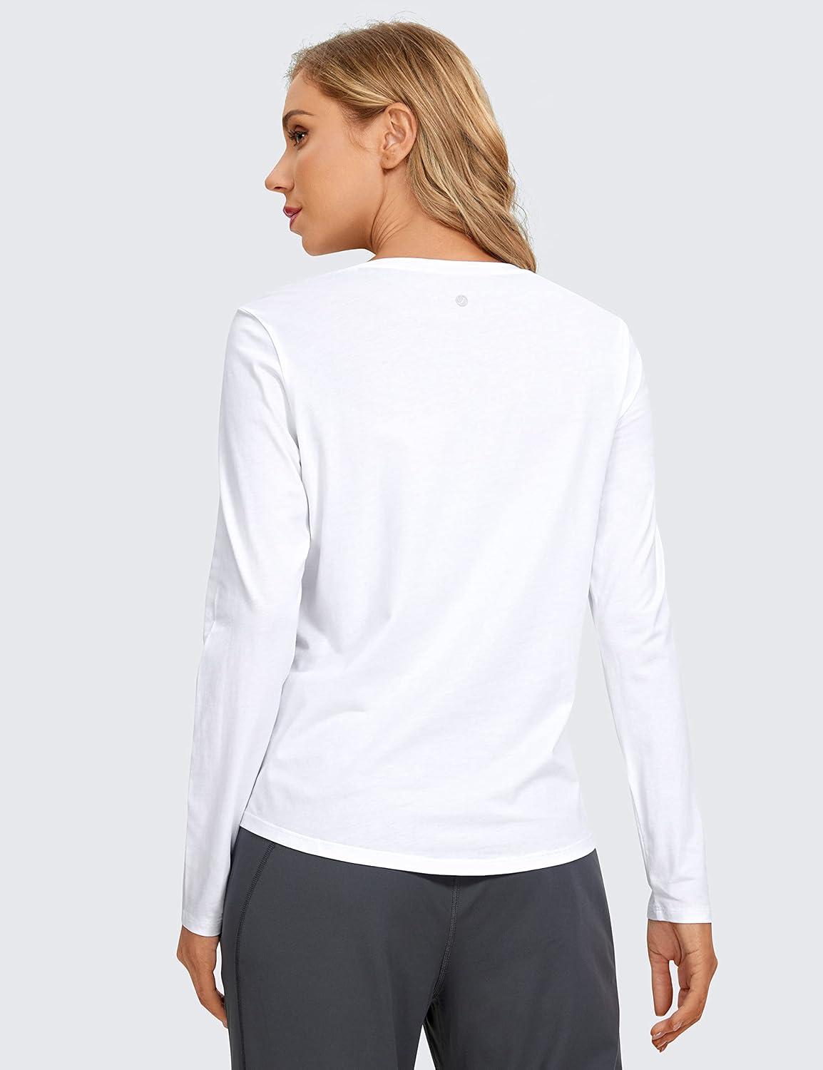 imageCRZ YOGA Pima Cotton Crewneck Long Sleeve Shirts for Women Workout Athletic Yoga Casual Tops Soft Plain TShirtWhite