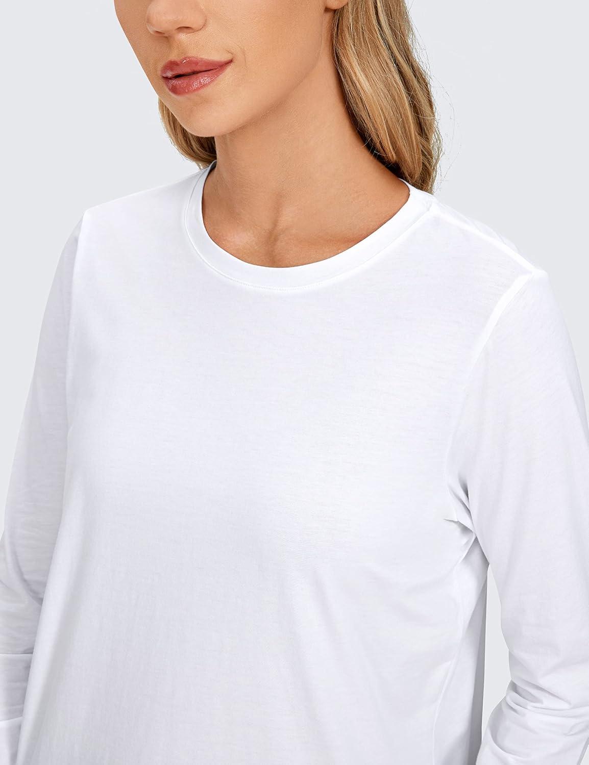 imageCRZ YOGA Pima Cotton Crewneck Long Sleeve Shirts for Women Workout Athletic Yoga Casual Tops Soft Plain TShirtWhite