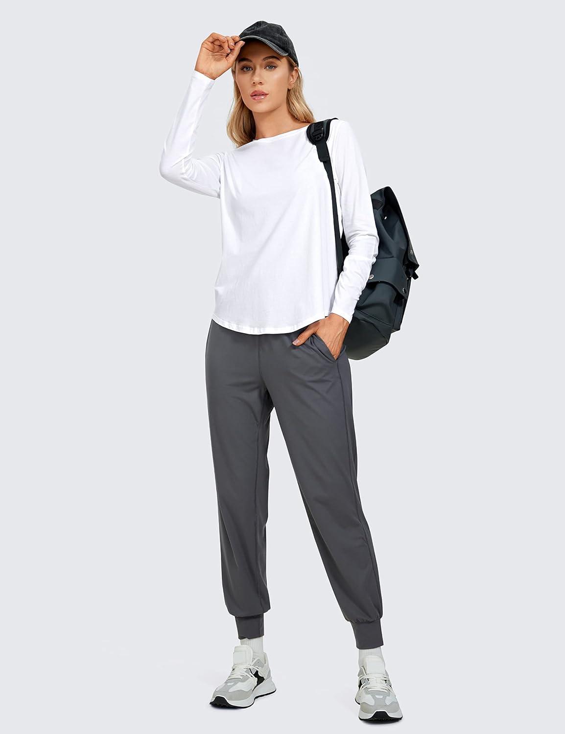 imageCRZ YOGA Pima Cotton Crewneck Long Sleeve Shirts for Women Workout Athletic Yoga Casual Tops Soft Plain TShirtWhite