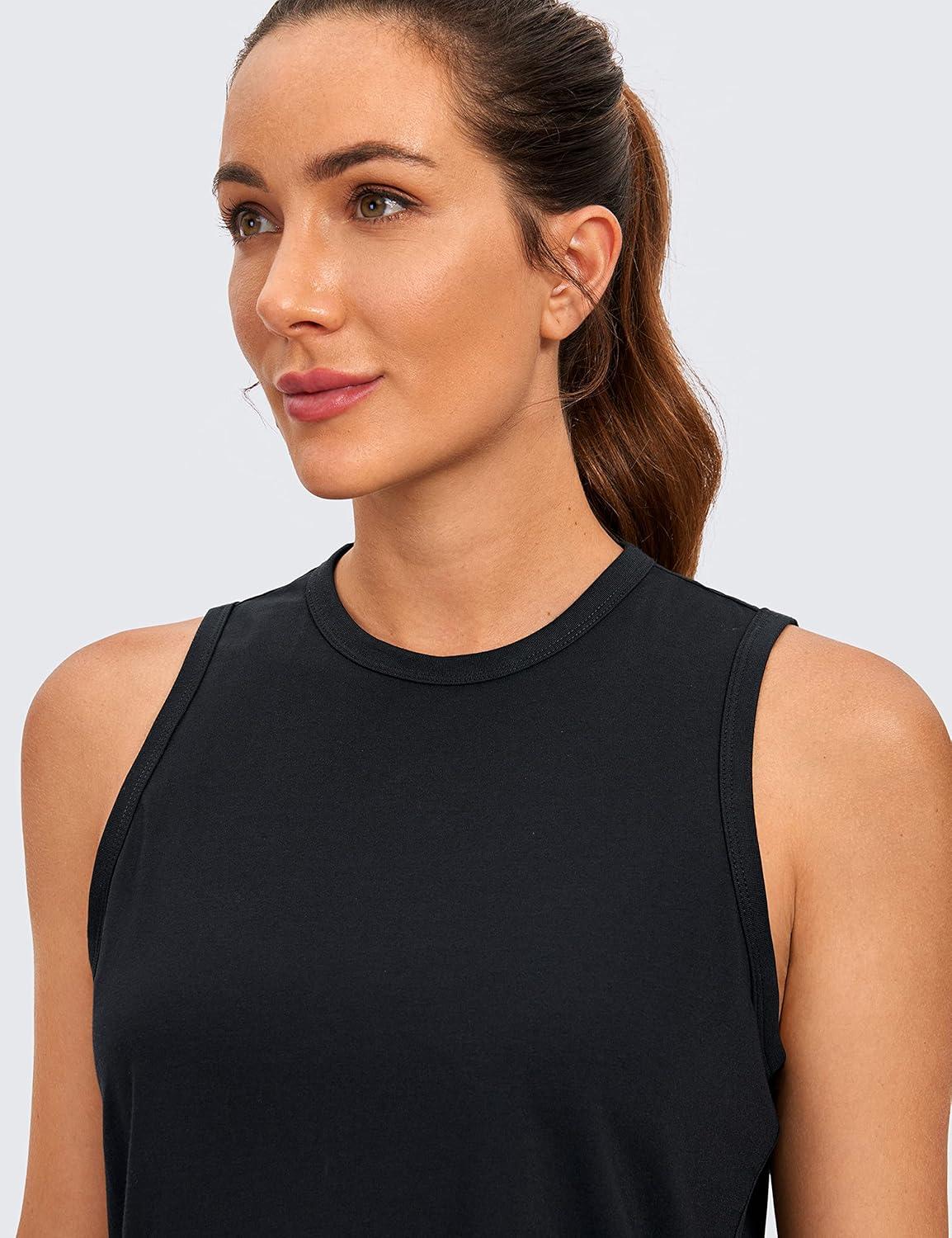 imageCRZ YOGA Pima Cotton High Neck Cropped Tank Tops for Women Soft Crop Workout Athletic Yoga Basic Sleeveless ShirtsBlack