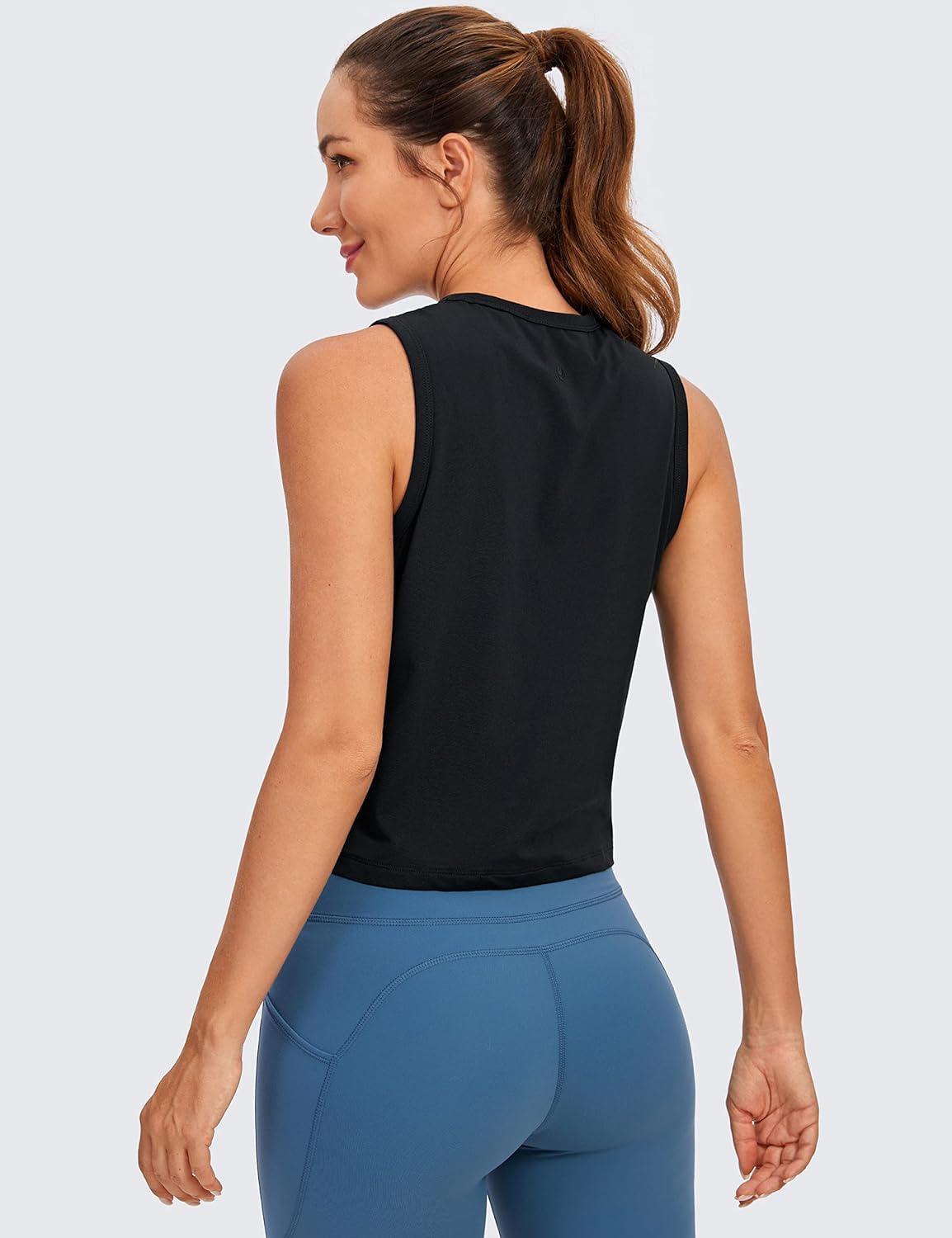 imageCRZ YOGA Pima Cotton High Neck Cropped Tank Tops for Women Soft Crop Workout Athletic Yoga Basic Sleeveless ShirtsBlack