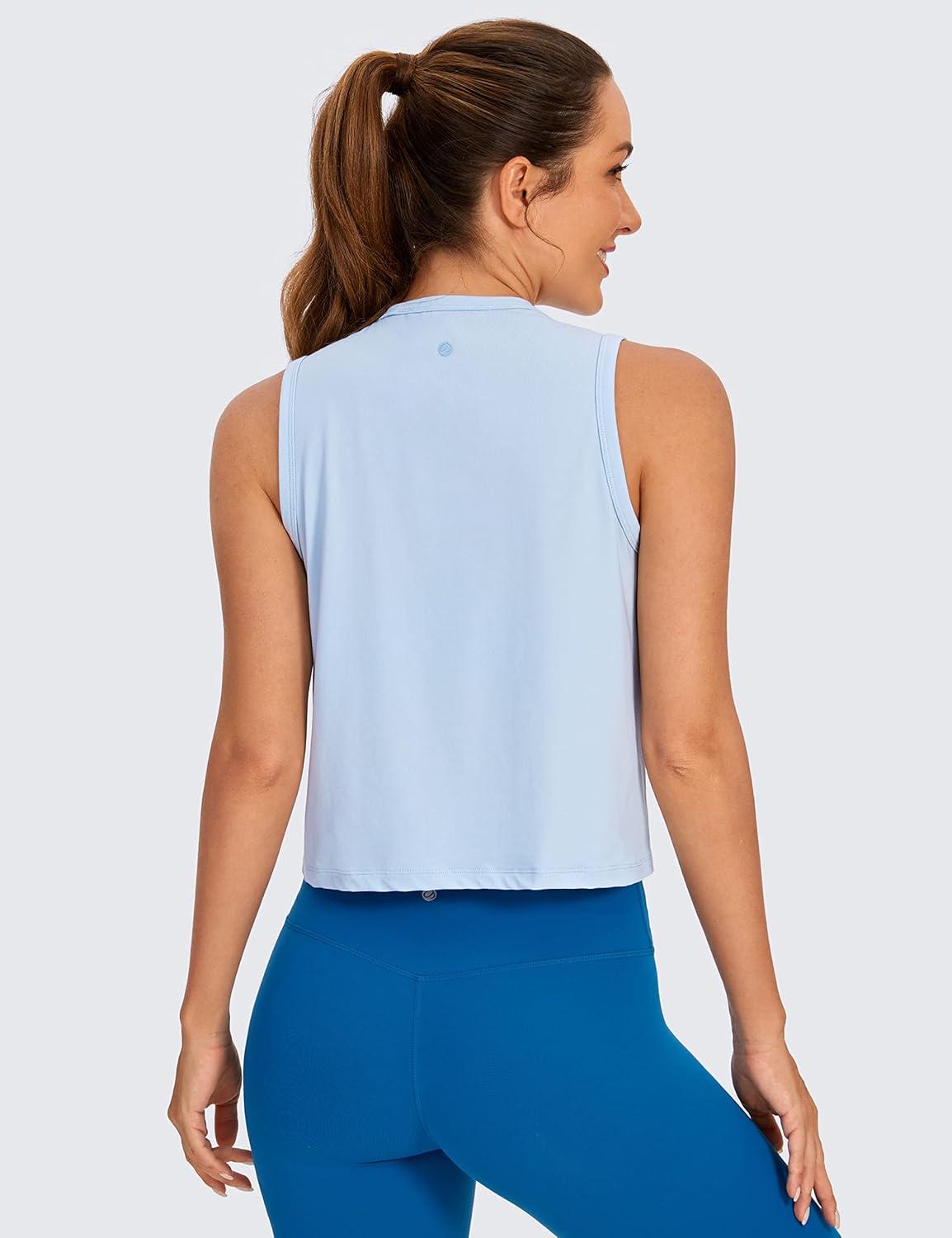 imageCRZ YOGA Pima Cotton High Neck Cropped Tank Tops for Women Soft Crop Workout Athletic Yoga Basic Sleeveless ShirtsBlue Linen