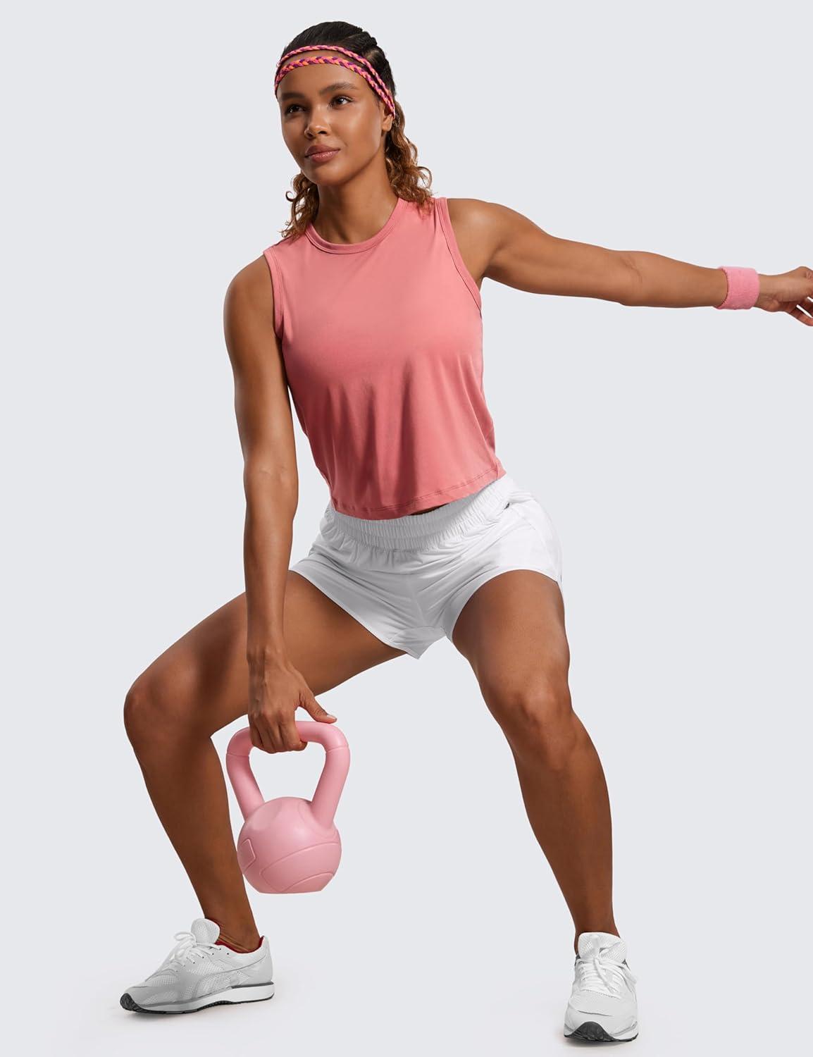 imageCRZ YOGA Pima Cotton High Neck Cropped Tank Tops for Women Soft Crop Workout Athletic Yoga Basic Sleeveless ShirtsBriar Rose