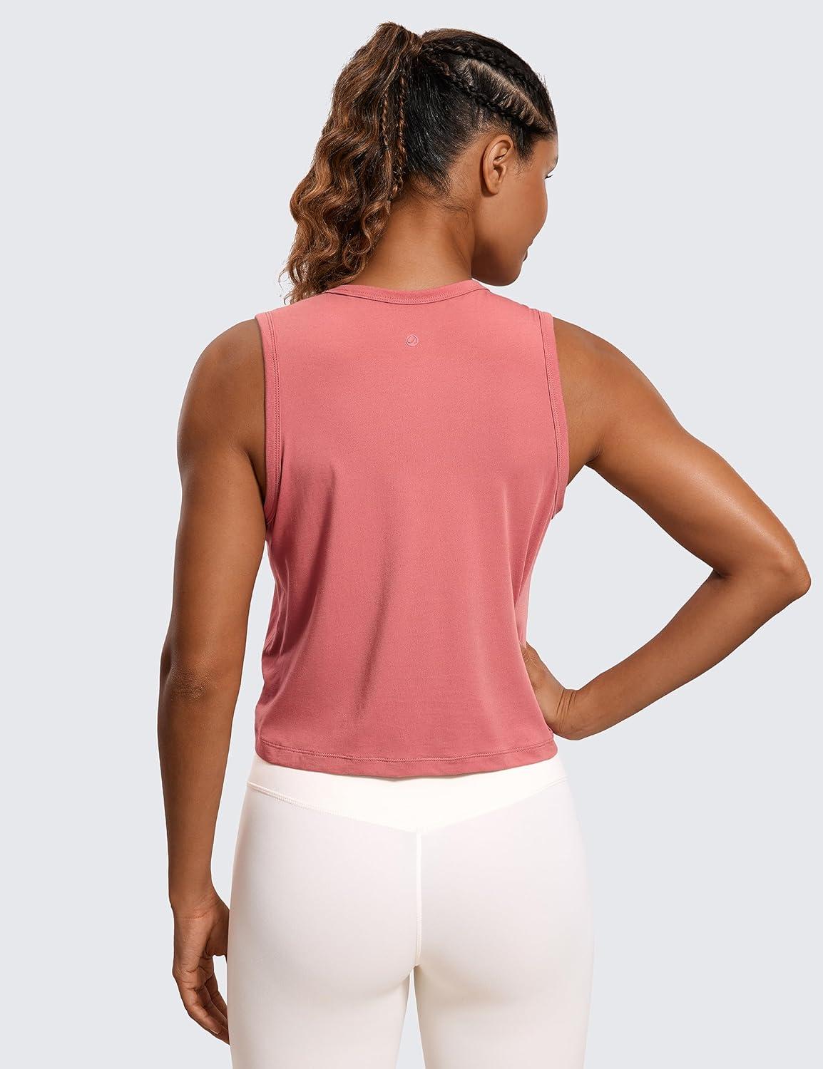 imageCRZ YOGA Pima Cotton High Neck Cropped Tank Tops for Women Soft Crop Workout Athletic Yoga Basic Sleeveless ShirtsBriar Rose