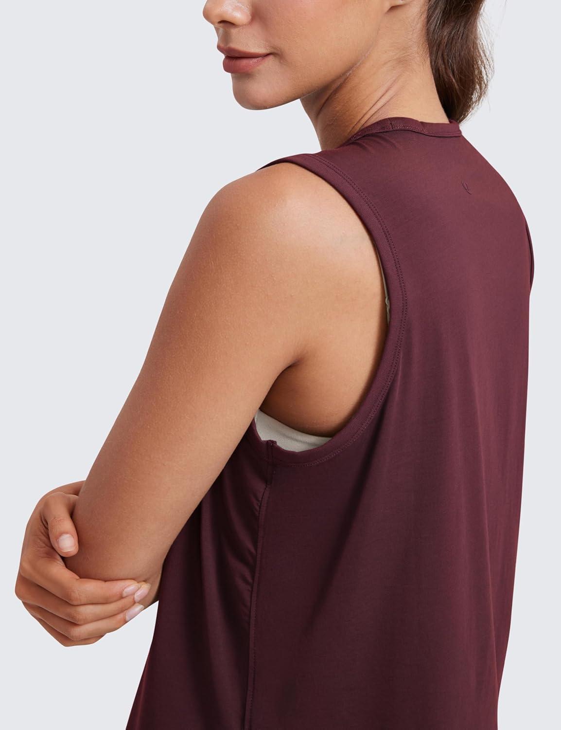 imageCRZ YOGA Pima Cotton High Neck Cropped Tank Tops for Women Soft Crop Workout Athletic Yoga Basic Sleeveless ShirtsDark Red