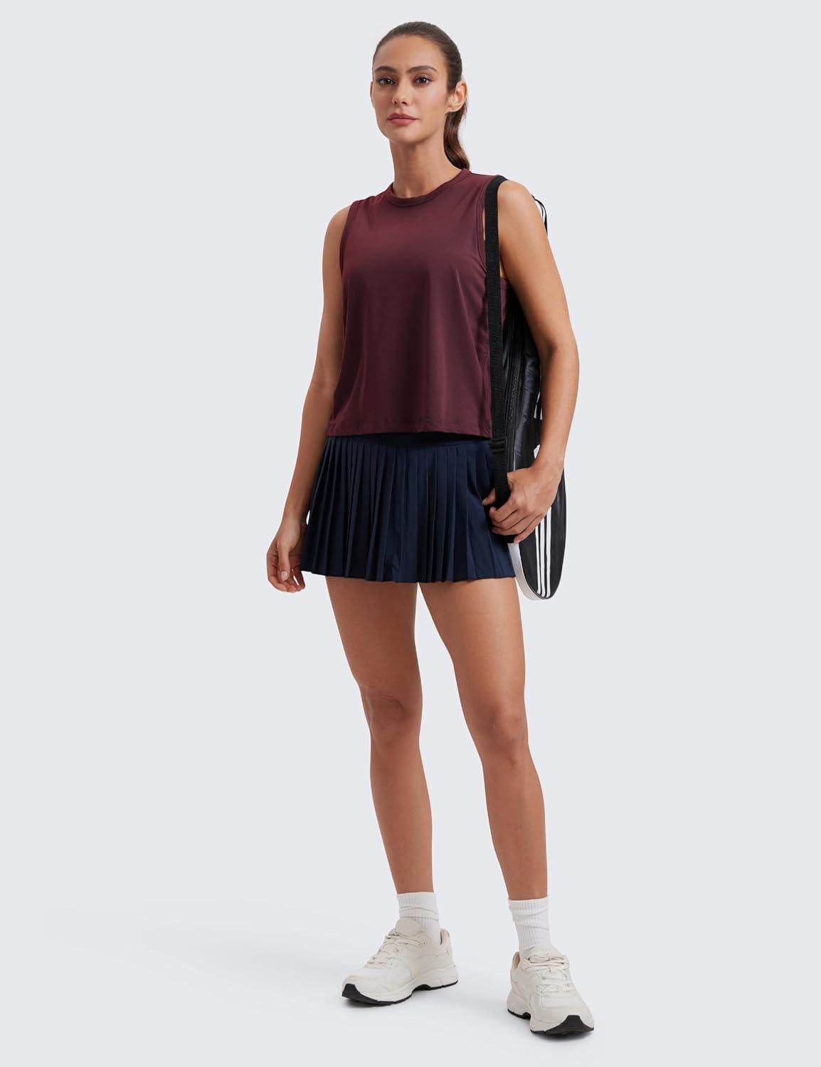 imageCRZ YOGA Pima Cotton High Neck Cropped Tank Tops for Women Soft Crop Workout Athletic Yoga Basic Sleeveless ShirtsDark Red