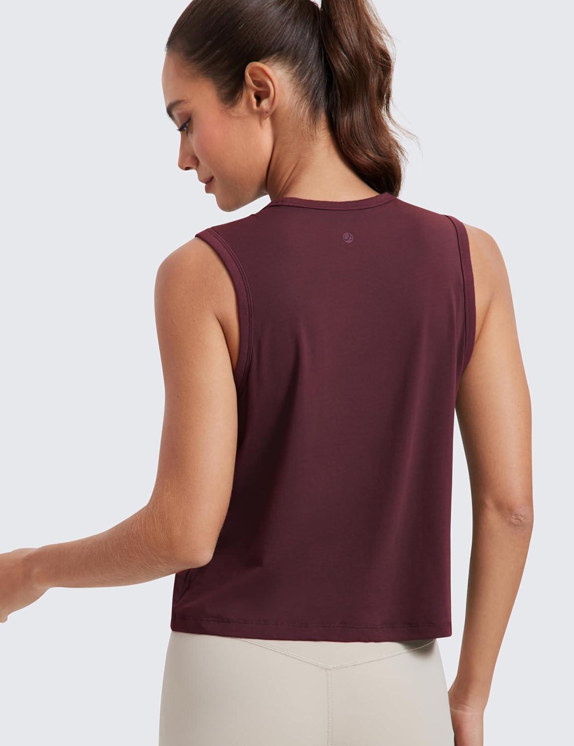 imageCRZ YOGA Pima Cotton High Neck Cropped Tank Tops for Women Soft Crop Workout Athletic Yoga Basic Sleeveless ShirtsDark Red