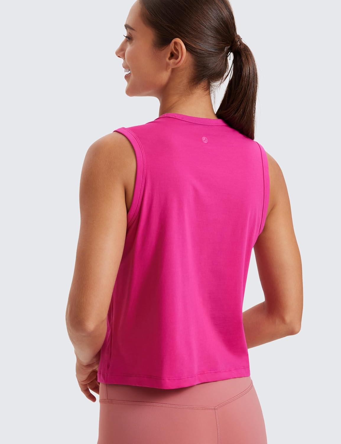 imageCRZ YOGA Pima Cotton High Neck Cropped Tank Tops for Women Soft Crop Workout Athletic Yoga Basic Sleeveless ShirtsGranita Pink