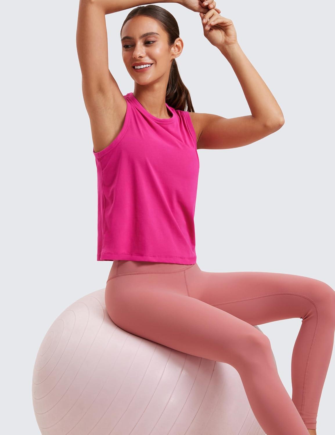 imageCRZ YOGA Pima Cotton High Neck Cropped Tank Tops for Women Soft Crop Workout Athletic Yoga Basic Sleeveless ShirtsGranita Pink
