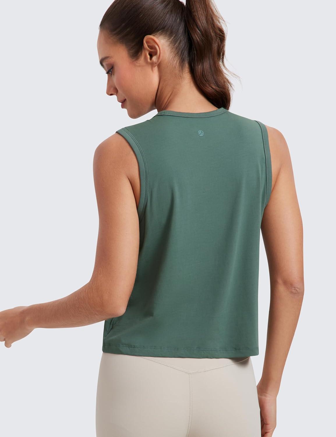 imageCRZ YOGA Pima Cotton High Neck Cropped Tank Tops for Women Soft Crop Workout Athletic Yoga Basic Sleeveless ShirtsGraphite Green