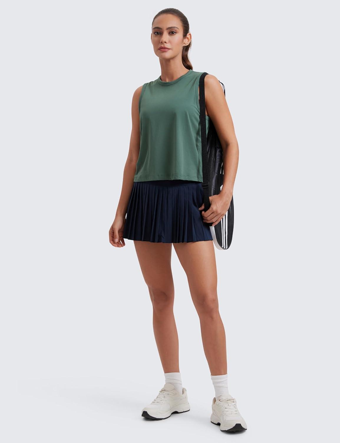 imageCRZ YOGA Pima Cotton High Neck Cropped Tank Tops for Women Soft Crop Workout Athletic Yoga Basic Sleeveless ShirtsGraphite Green