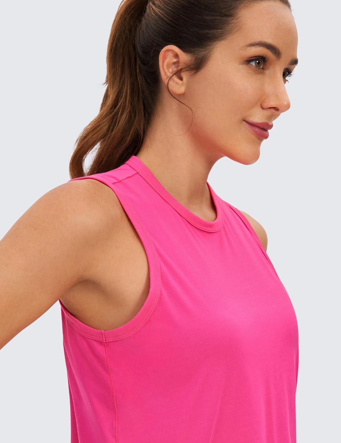 imageCRZ YOGA Pima Cotton High Neck Cropped Tank Tops for Women Soft Crop Workout Athletic Yoga Basic Sleeveless ShirtsSonic Pink