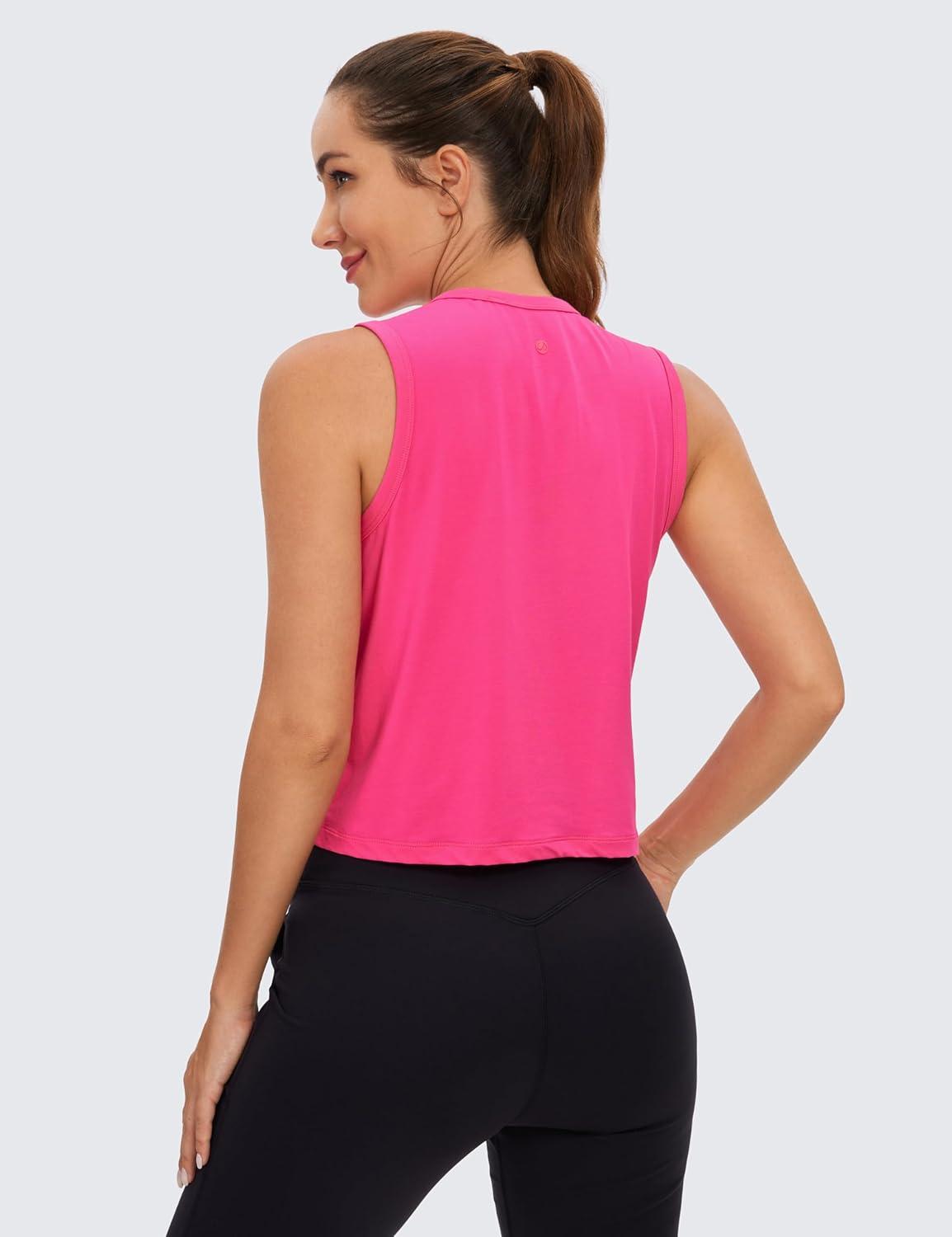 imageCRZ YOGA Pima Cotton High Neck Cropped Tank Tops for Women Soft Crop Workout Athletic Yoga Basic Sleeveless ShirtsSonic Pink