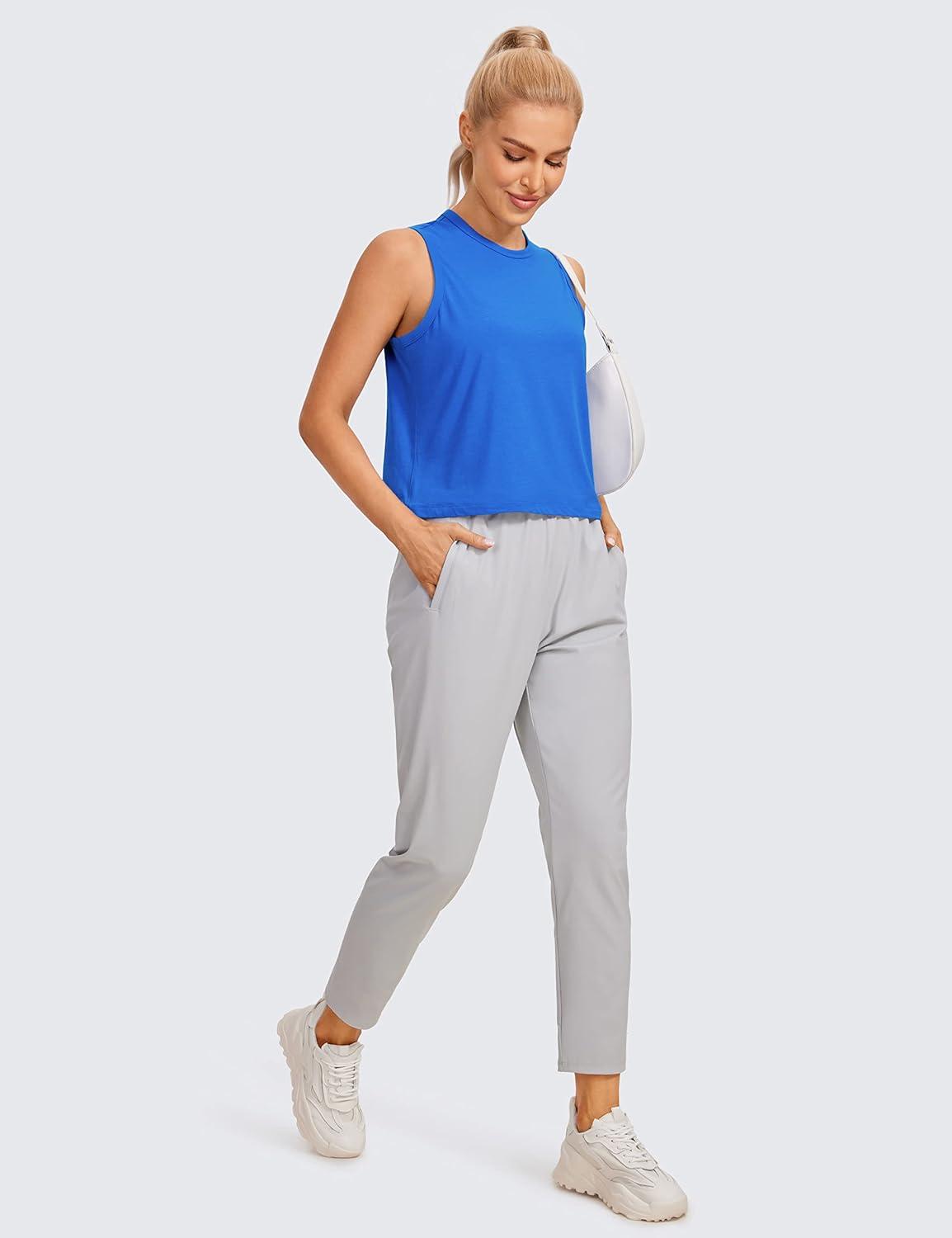 imageCRZ YOGA Pima Cotton High Neck Cropped Tank Tops for Women Soft Crop Workout Athletic Yoga Basic Sleeveless ShirtsStrong Blue