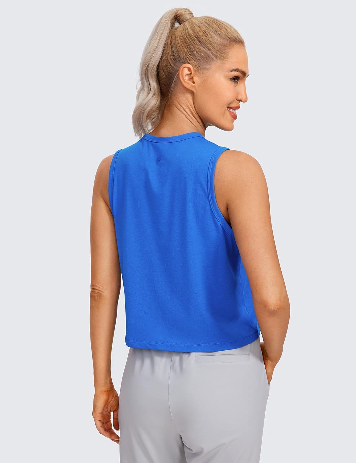 imageCRZ YOGA Pima Cotton High Neck Cropped Tank Tops for Women Soft Crop Workout Athletic Yoga Basic Sleeveless ShirtsStrong Blue