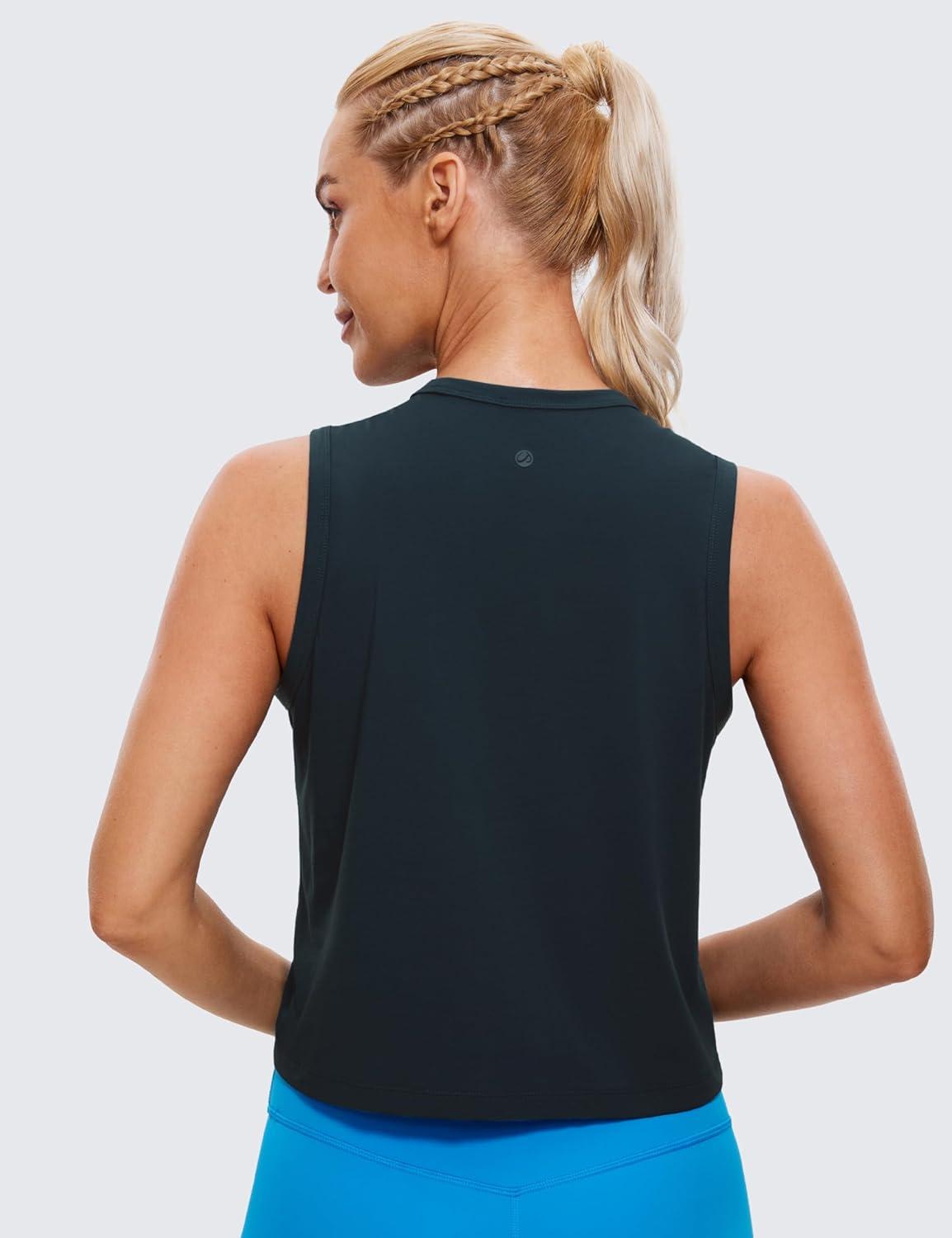 imageCRZ YOGA Pima Cotton High Neck Cropped Tank Tops for Women Soft Crop Workout Athletic Yoga Basic Sleeveless ShirtsTrue Navy