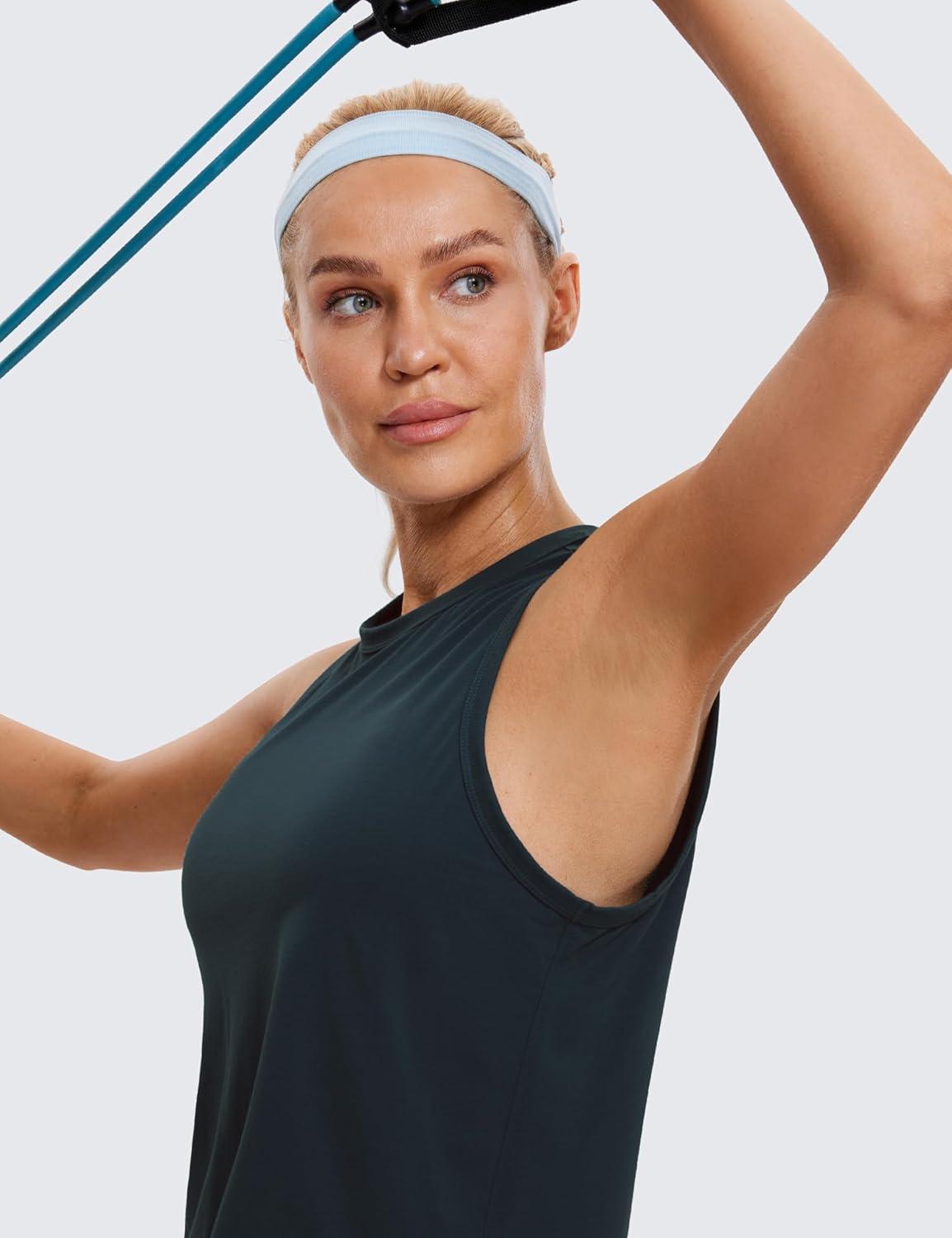 imageCRZ YOGA Pima Cotton High Neck Cropped Tank Tops for Women Soft Crop Workout Athletic Yoga Basic Sleeveless ShirtsTrue Navy