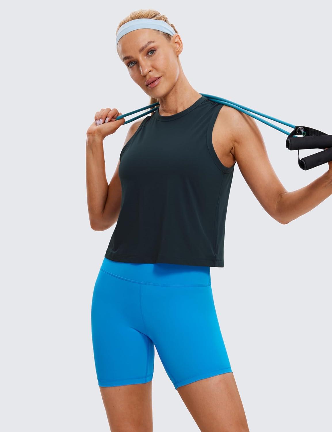 imageCRZ YOGA Pima Cotton High Neck Cropped Tank Tops for Women Soft Crop Workout Athletic Yoga Basic Sleeveless ShirtsTrue Navy