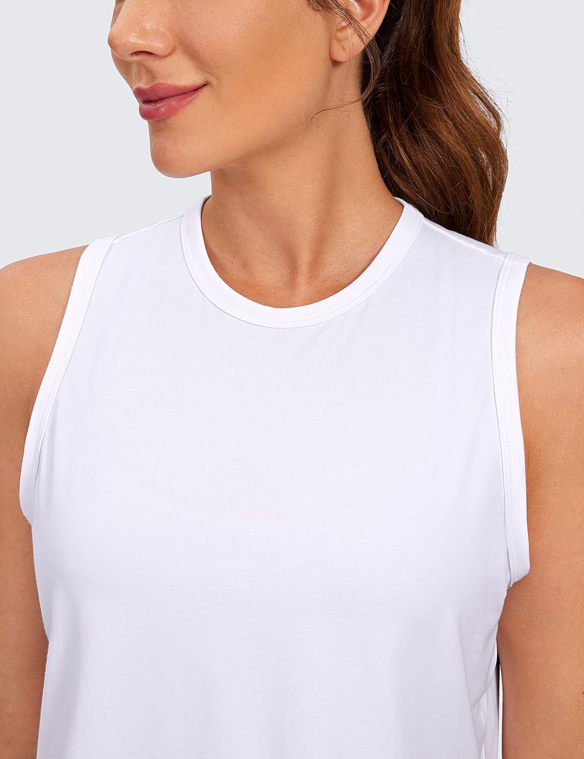 imageCRZ YOGA Pima Cotton High Neck Cropped Tank Tops for Women Soft Crop Workout Athletic Yoga Basic Sleeveless ShirtsWhite