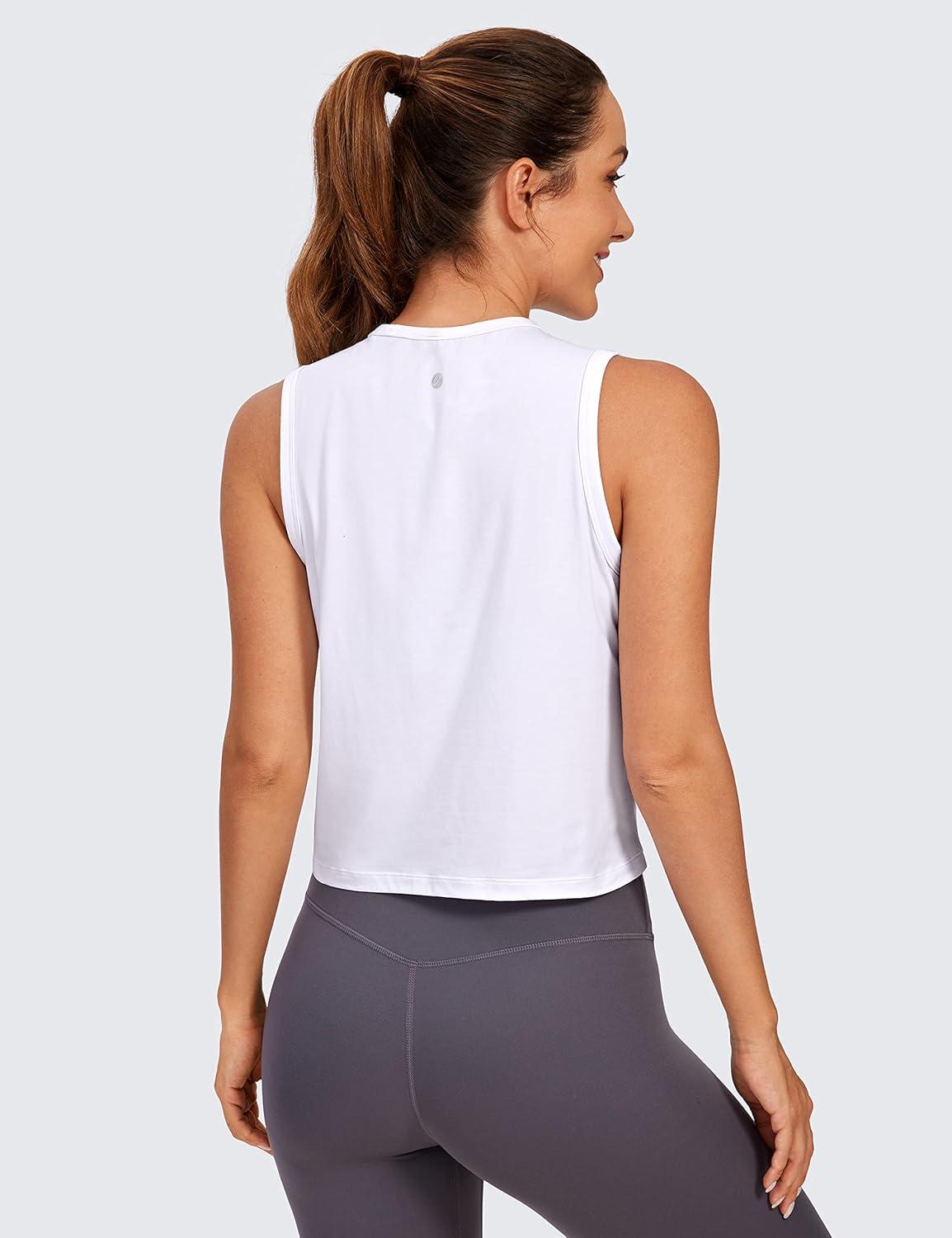 imageCRZ YOGA Pima Cotton High Neck Cropped Tank Tops for Women Soft Crop Workout Athletic Yoga Basic Sleeveless ShirtsWhite
