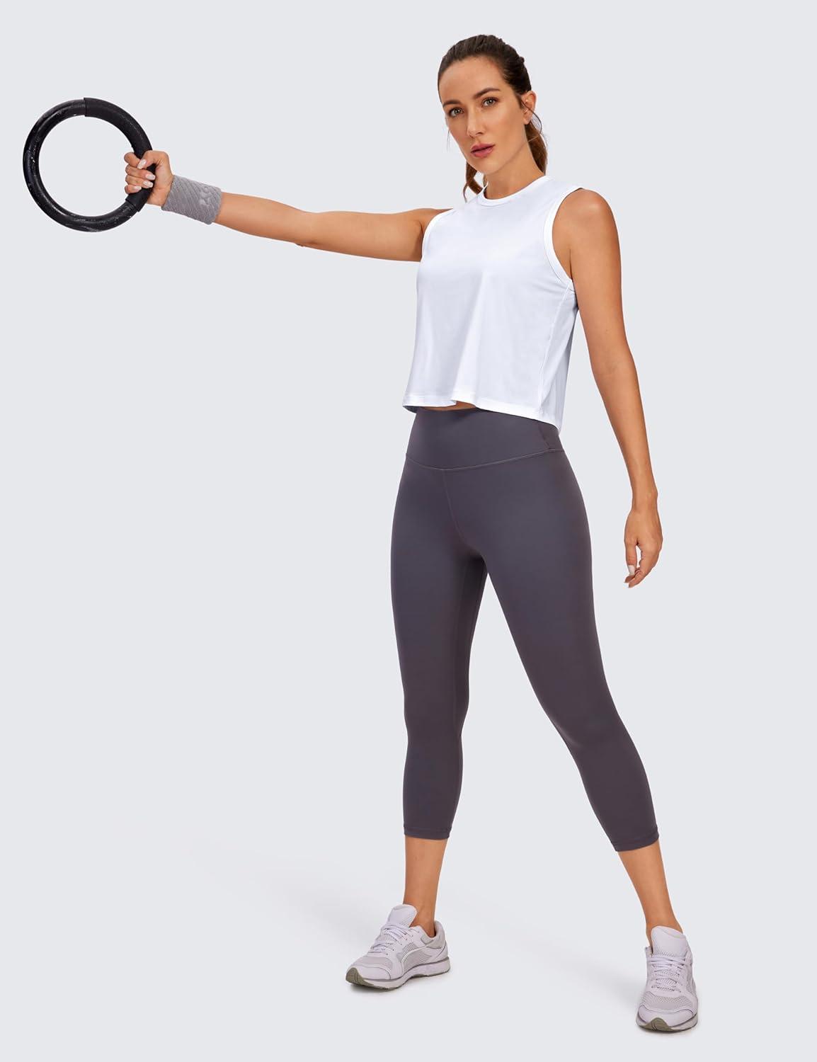 imageCRZ YOGA Pima Cotton High Neck Cropped Tank Tops for Women Soft Crop Workout Athletic Yoga Basic Sleeveless ShirtsWhite