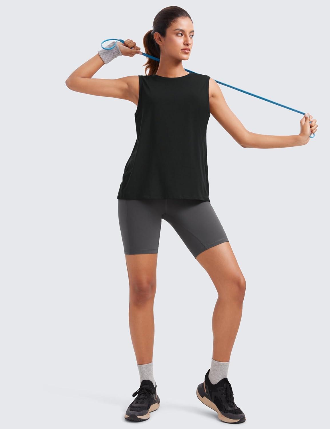 imageCRZ YOGA Pima Cotton High Neck Tank Basic Workout Sleeveless Tops for Women Soft Casual Athletic Yoga ShirtsBlack