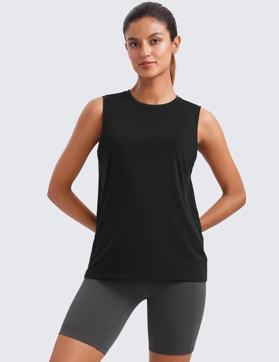 imageCRZ YOGA Pima Cotton High Neck Tank Basic Workout Sleeveless Tops for Women Soft Casual Athletic Yoga ShirtsBlack