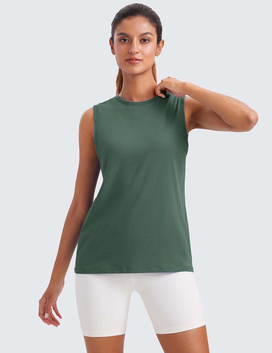 imageCRZ YOGA Pima Cotton High Neck Tank Basic Workout Sleeveless Tops for Women Soft Casual Athletic Yoga ShirtsGraphite Green