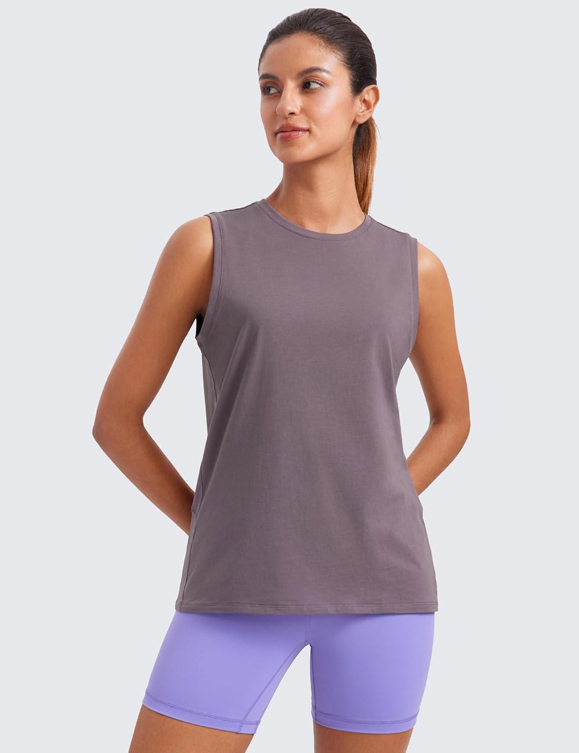 imageCRZ YOGA Pima Cotton High Neck Tank Basic Workout Sleeveless Tops for Women Soft Casual Athletic Yoga ShirtsPurple Gray