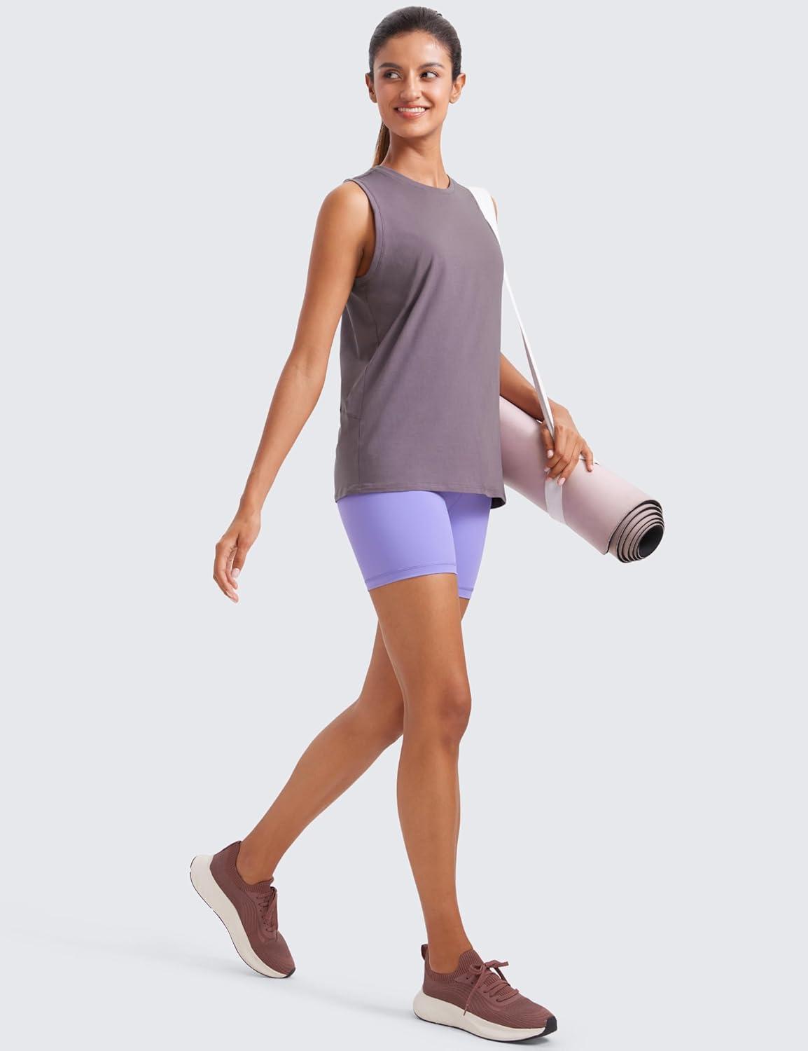 imageCRZ YOGA Pima Cotton High Neck Tank Basic Workout Sleeveless Tops for Women Soft Casual Athletic Yoga ShirtsPurple Gray