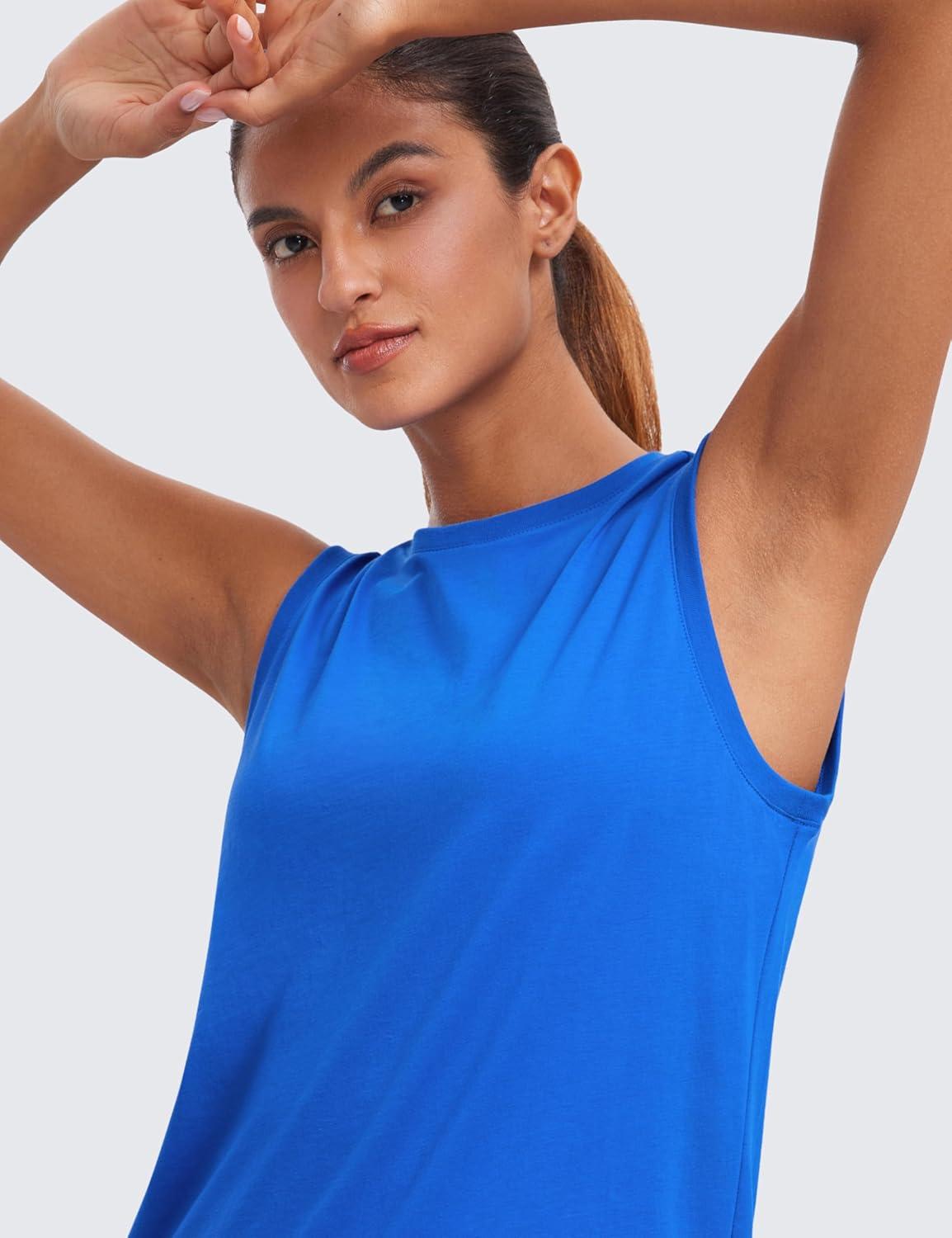 imageCRZ YOGA Pima Cotton High Neck Tank Basic Workout Sleeveless Tops for Women Soft Casual Athletic Yoga ShirtsStrong Blue