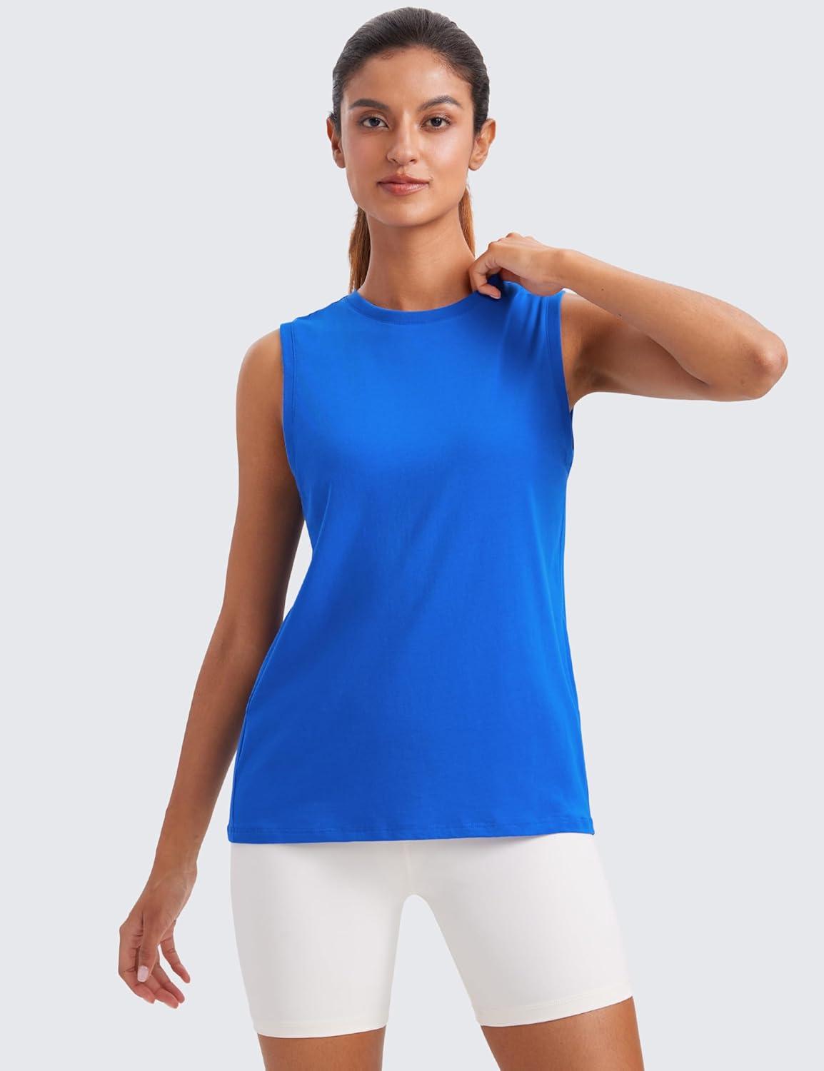 imageCRZ YOGA Pima Cotton High Neck Tank Basic Workout Sleeveless Tops for Women Soft Casual Athletic Yoga ShirtsStrong Blue