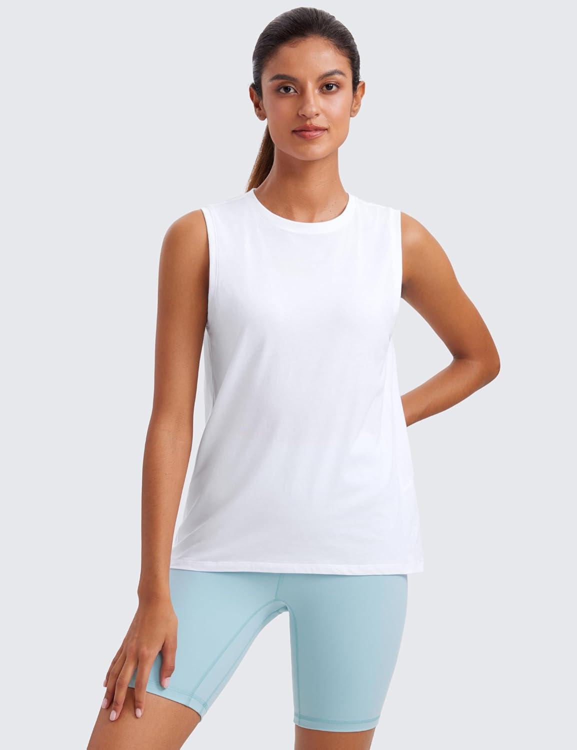 imageCRZ YOGA Pima Cotton High Neck Tank Basic Workout Sleeveless Tops for Women Soft Casual Athletic Yoga ShirtsWhite