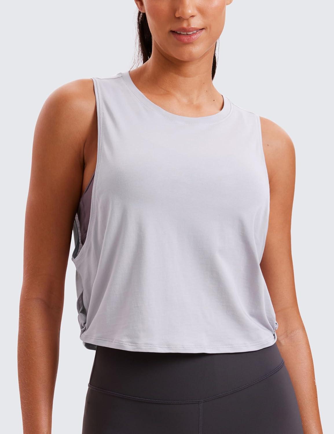 imageCRZ YOGA Pima Cotton Large Armhole Tank Tops for Women Workout Sport Athletic Yoga Running Gym Loose Crop Sleeveless ShirtsDeep Armholeiced Iris