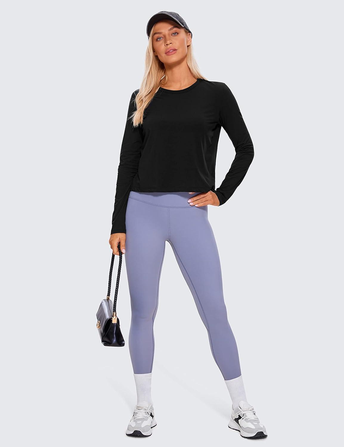 imageCRZ YOGA Pima Cotton Long Sleeve Workout Shirts for Women Loose Cropped Tops Athletic Sports TShirtBlack