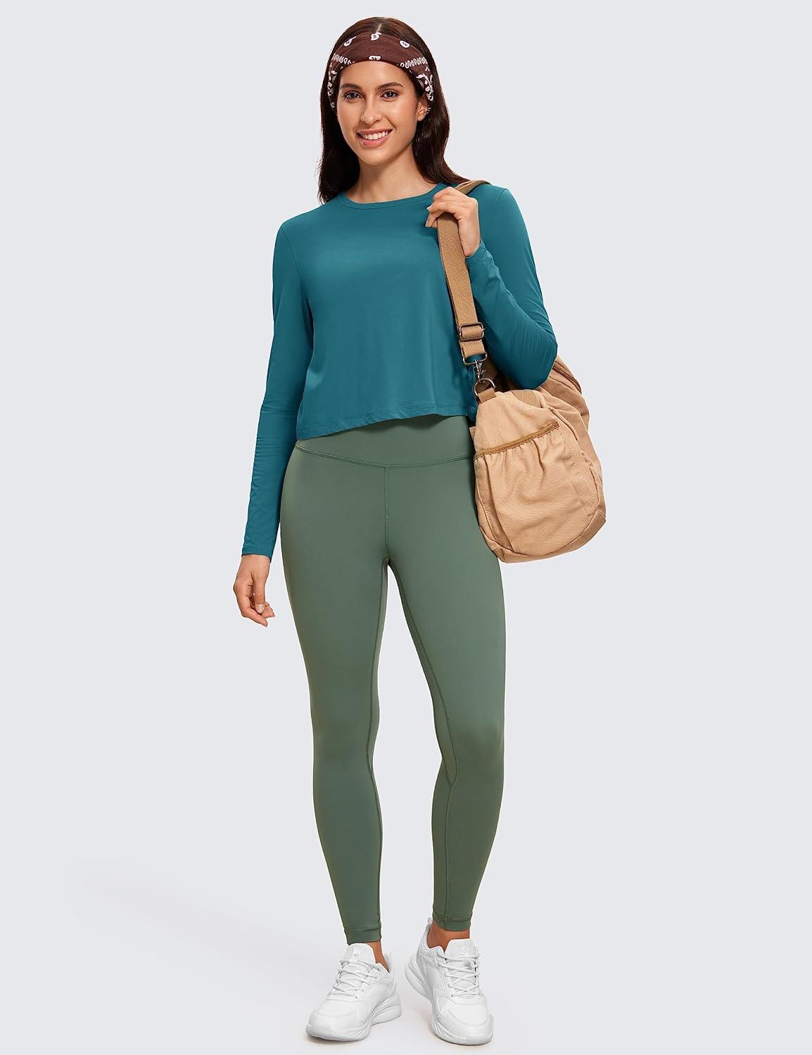imageCRZ YOGA Pima Cotton Long Sleeve Workout Shirts for Women Loose Cropped Tops Athletic Sports TShirtBorealis Green