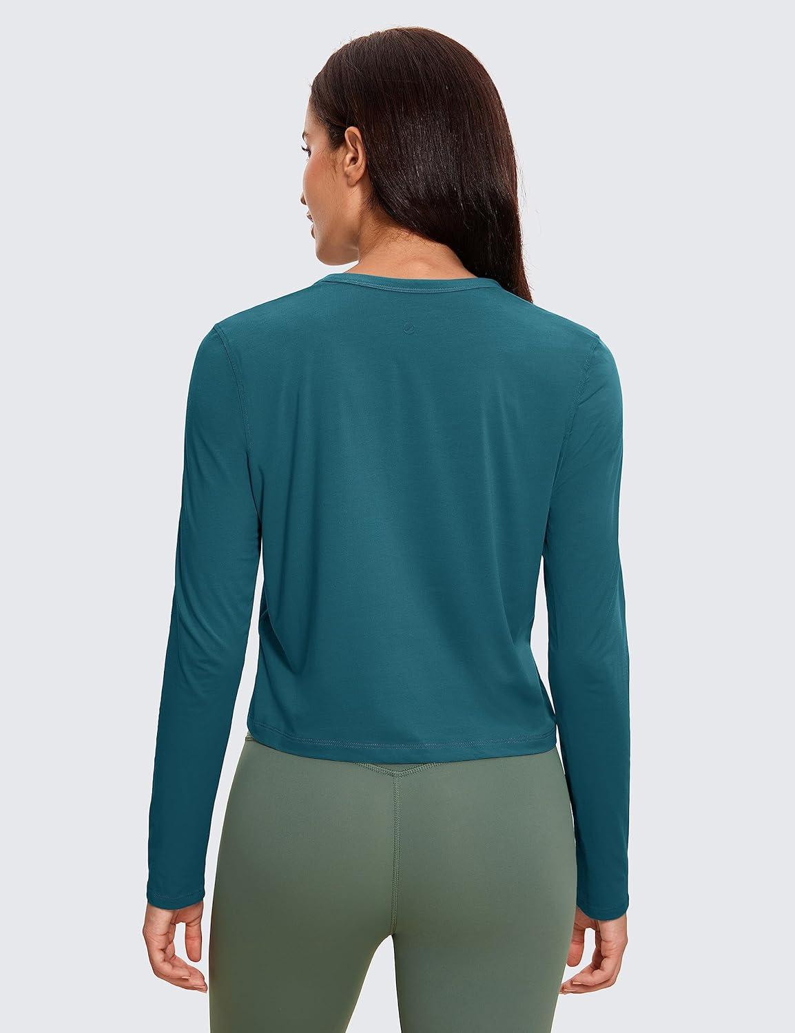 imageCRZ YOGA Pima Cotton Long Sleeve Workout Shirts for Women Loose Cropped Tops Athletic Sports TShirtBorealis Green