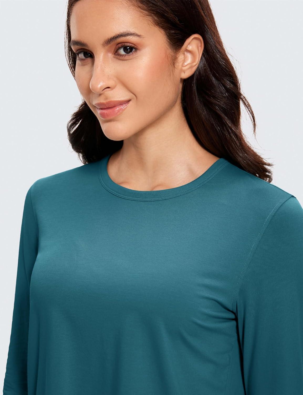 imageCRZ YOGA Pima Cotton Long Sleeve Workout Shirts for Women Loose Cropped Tops Athletic Sports TShirtBorealis Green