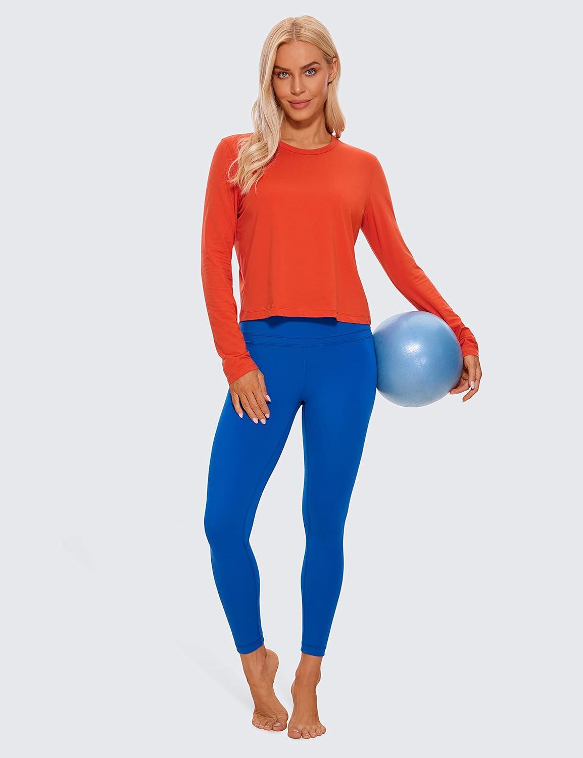 imageCRZ YOGA Pima Cotton Long Sleeve Workout Shirts for Women Loose Cropped Tops Athletic Sports TShirtBrick Orange
