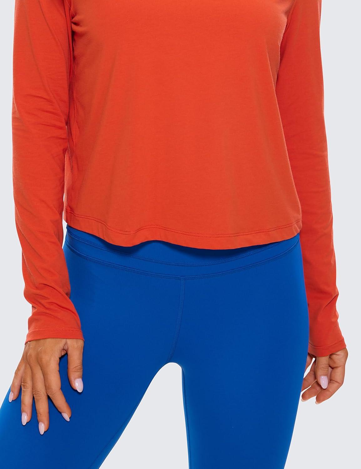 imageCRZ YOGA Pima Cotton Long Sleeve Workout Shirts for Women Loose Cropped Tops Athletic Sports TShirtBrick Orange