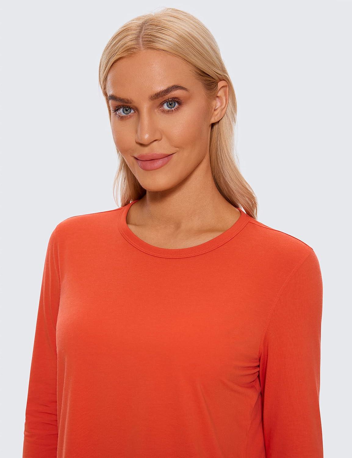 imageCRZ YOGA Pima Cotton Long Sleeve Workout Shirts for Women Loose Cropped Tops Athletic Sports TShirtBrick Orange