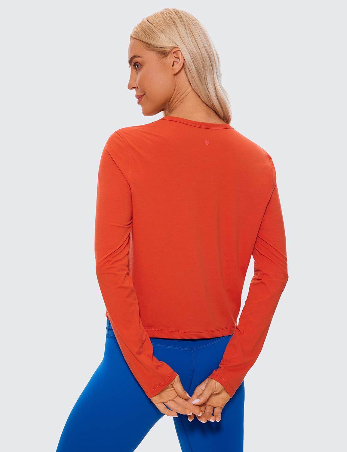 imageCRZ YOGA Pima Cotton Long Sleeve Workout Shirts for Women Loose Cropped Tops Athletic Sports TShirtBrick Orange
