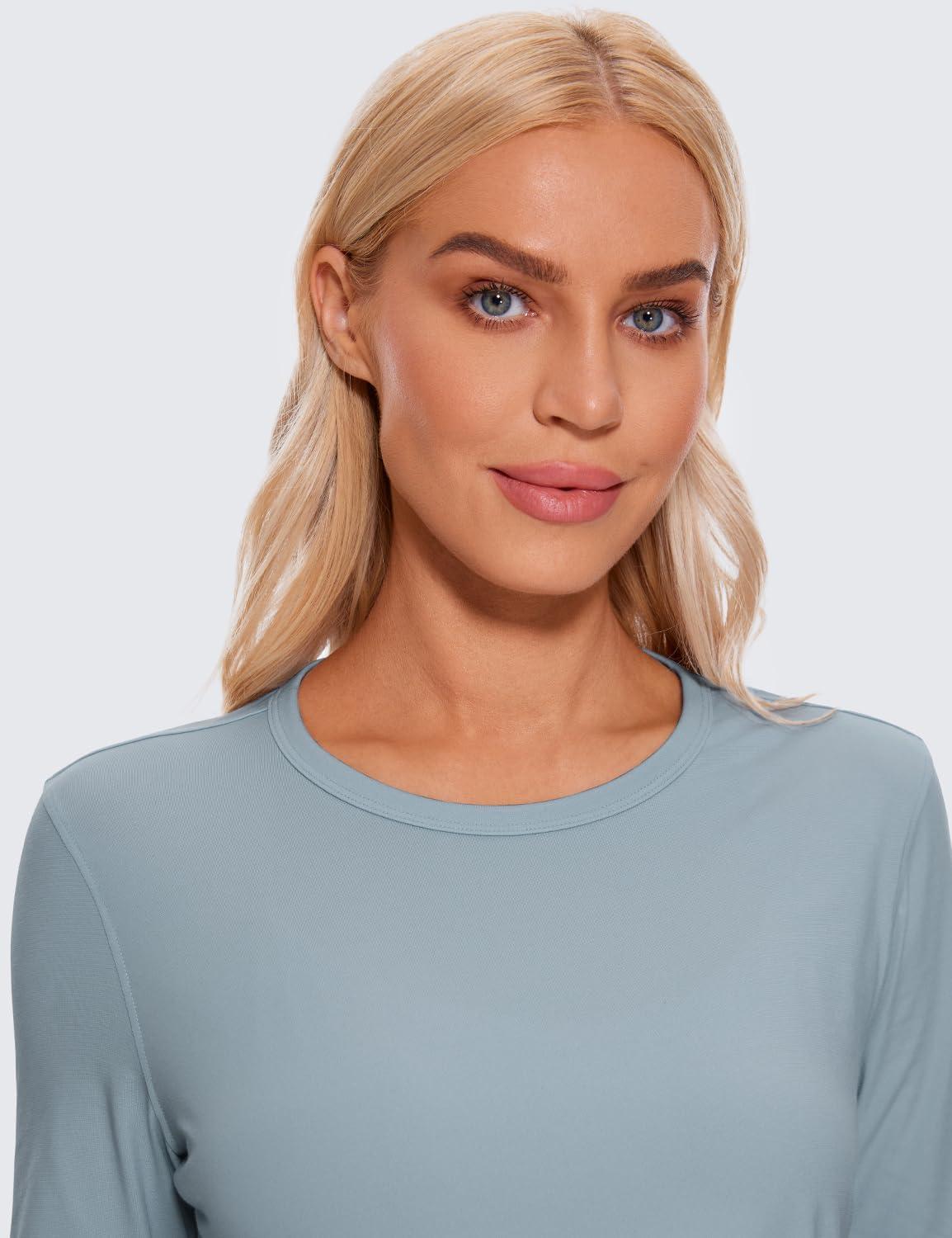 imageCRZ YOGA Pima Cotton Long Sleeve Workout Shirts for Women Loose Cropped Tops Athletic Sports TShirtCambric Blue