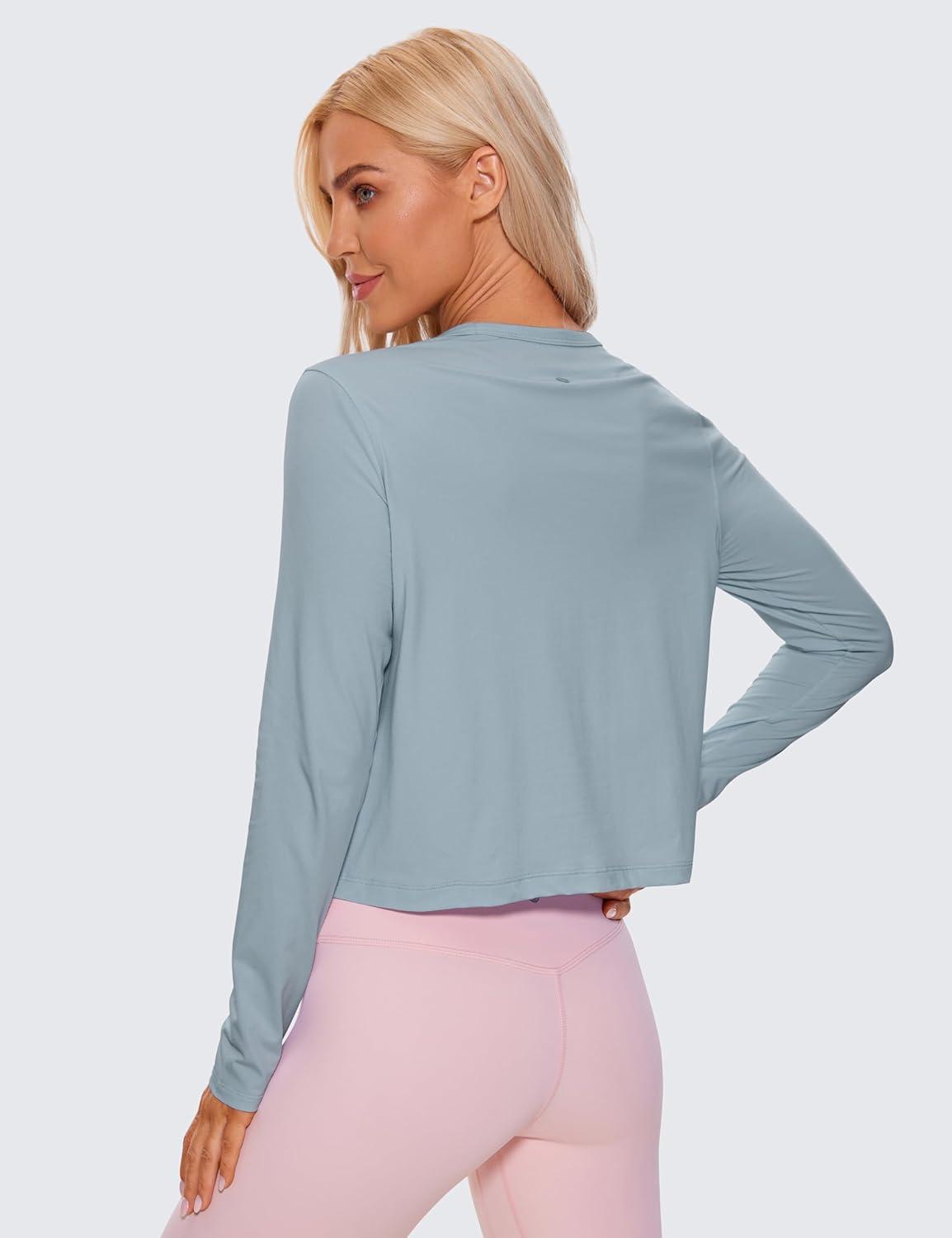 imageCRZ YOGA Pima Cotton Long Sleeve Workout Shirts for Women Loose Cropped Tops Athletic Sports TShirtCambric Blue